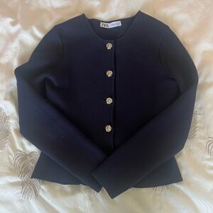 Zara Black Collarless Blazer with Gold-Tone Buttons